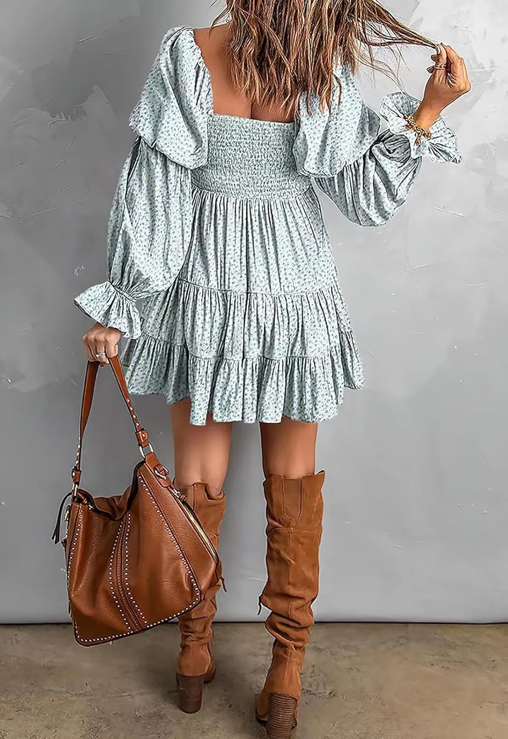 ebossy Women Boho Floral Dress Off Shoulder Puff Long Sleeve Smocked Ruffles Flowy Tiered Mini Dress
