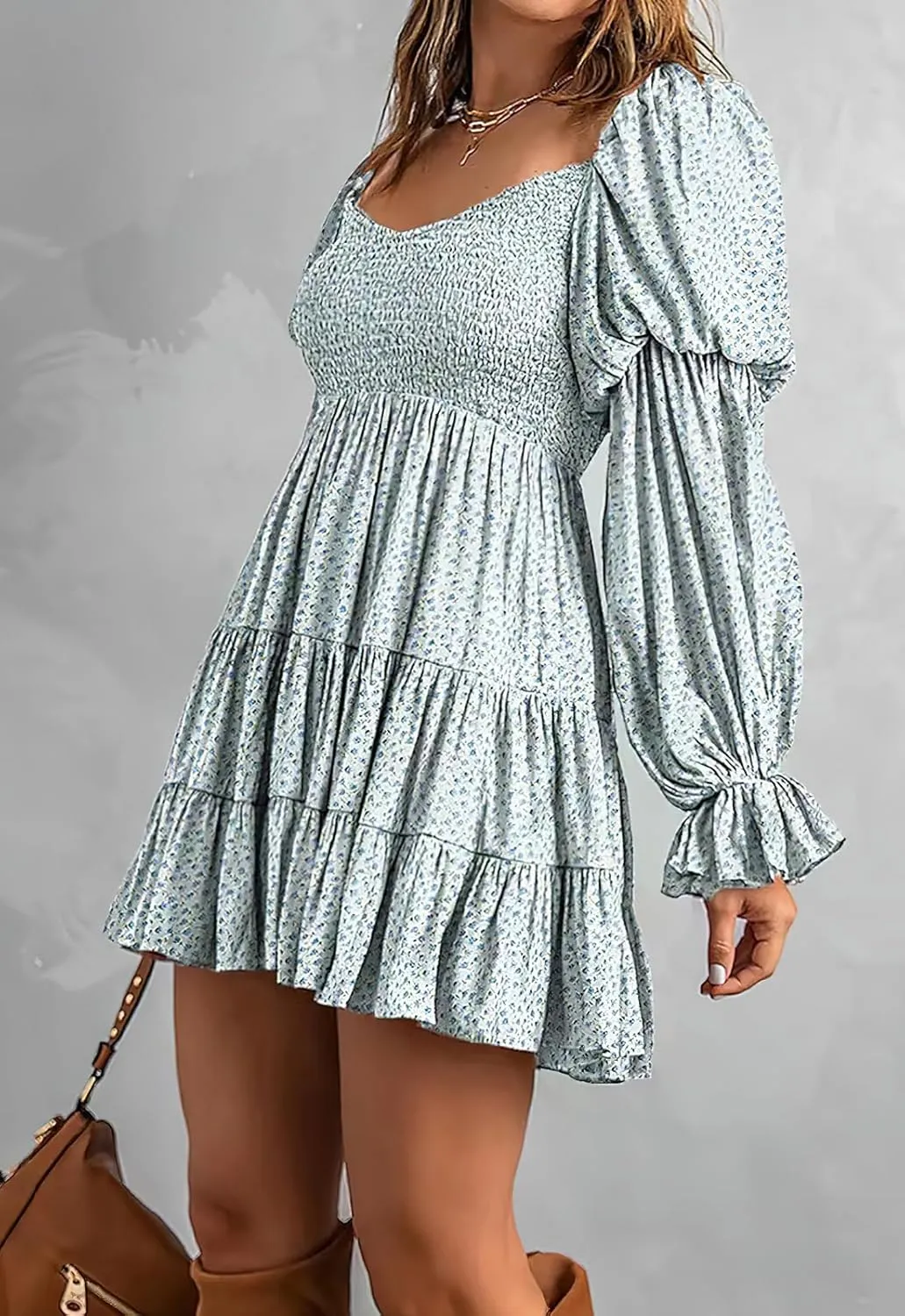 ebossy Women Boho Floral Dress Off Shoulder Puff Long Sleeve Smocked Ruffles Flowy Tiered Mini Dress
