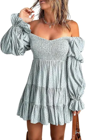 ebossy Women Boho Floral Dress Off Shoulder Puff Long Sleeve Smocked Ruffles Flowy Tiered Mini Dress
