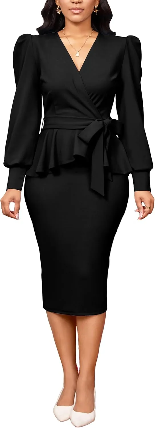 Elegant Dresses for Women Sexy Church Long Ruffles Sleeve Business Pencil Vintage Peplum Dress Wear to Work