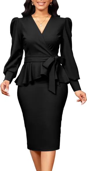 Elegant Dresses for Women Sexy Church Long Ruffles Sleeve Business Pencil Vintage Peplum Dress Wear to Work