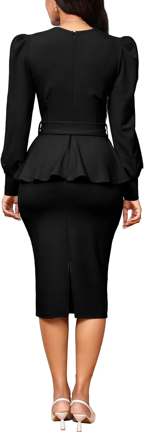 Elegant Dresses for Women Sexy Church Long Ruffles Sleeve Business Pencil Vintage Peplum Dress Wear to Work