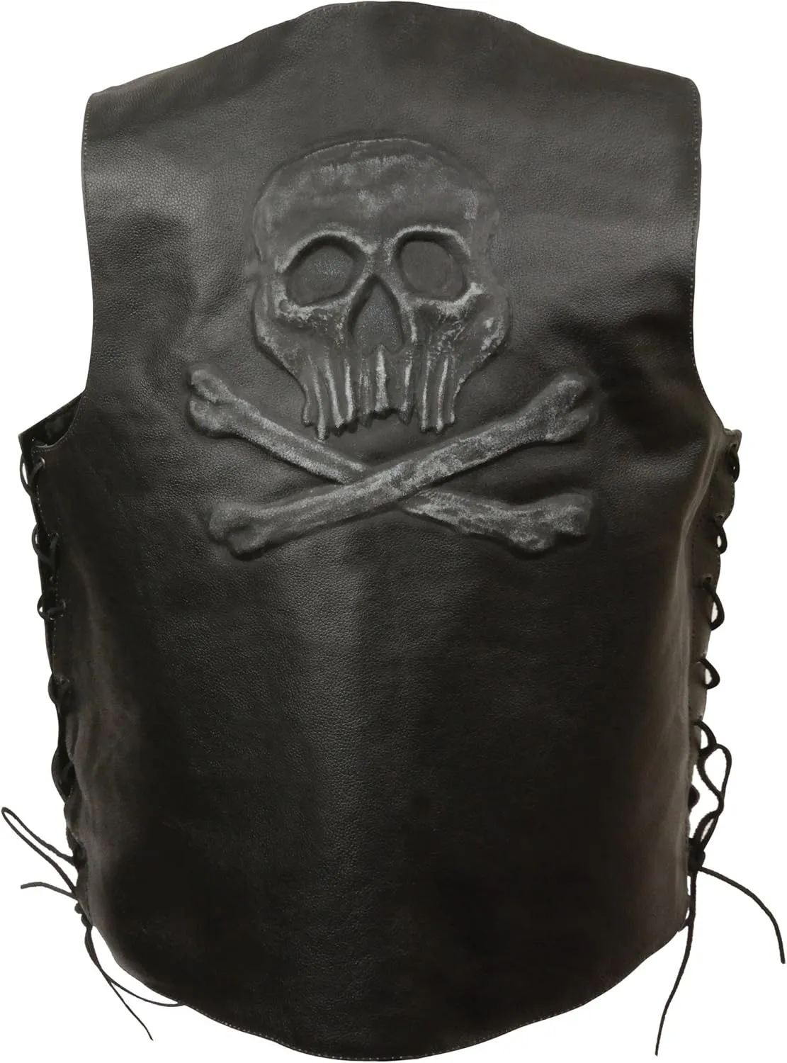 ELM3915 Men's Black Side Lace Motorcycle Leather Vest with Skull and Cross Bones Emboss