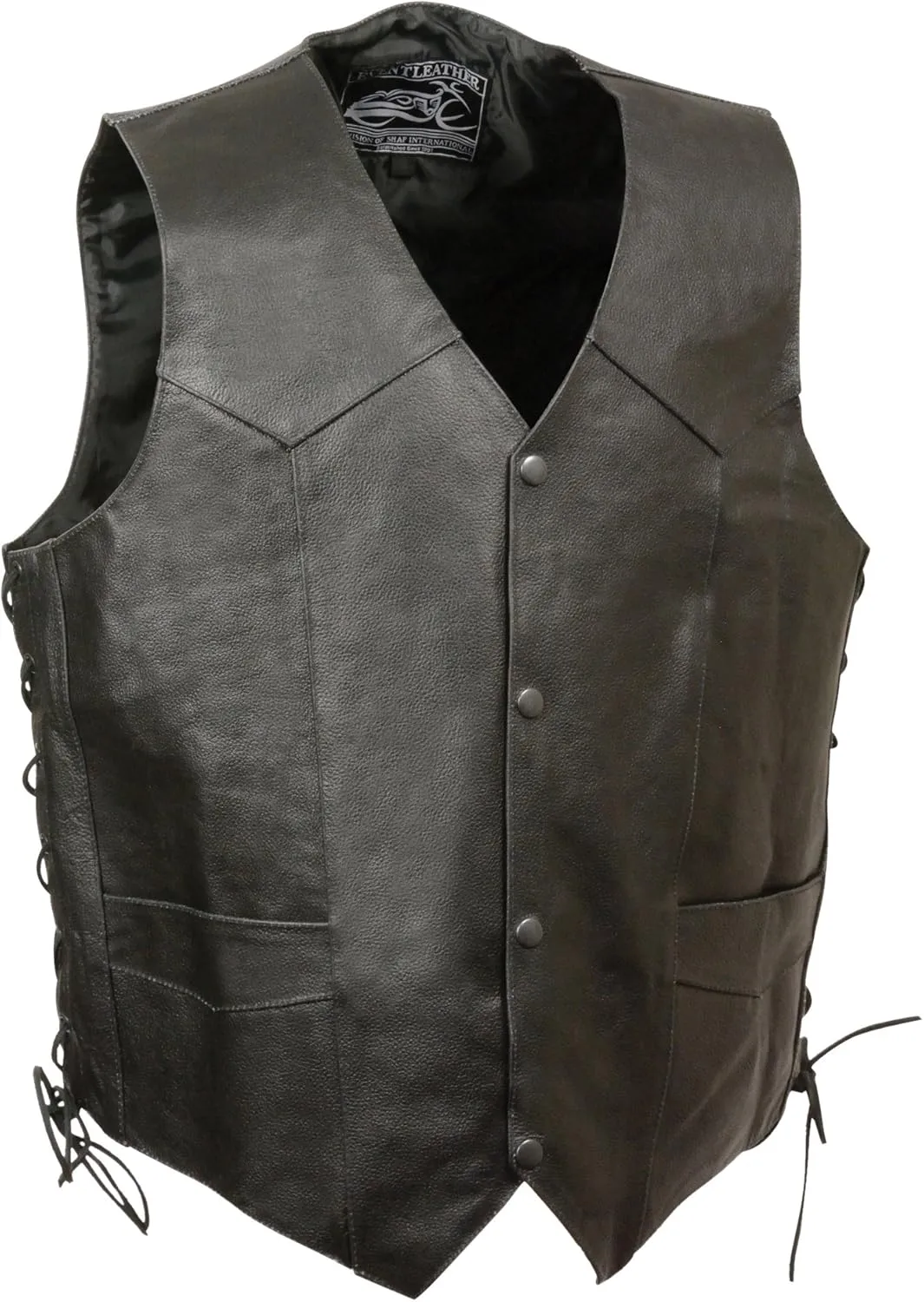ELM3915 Men's Black Side Lace Motorcycle Leather Vest with Skull and Cross Bones Emboss
