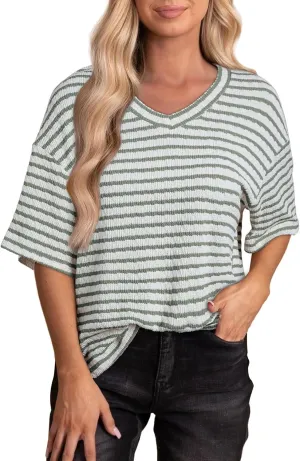 EVALESS Womens Oversized Shirts Summer Tops V Neck Short Sleeve Striped Tee Shirt