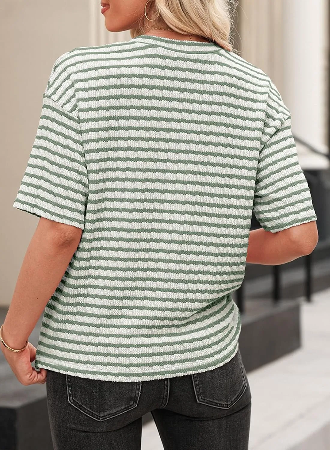 EVALESS Womens Oversized Shirts Summer Tops V Neck Short Sleeve Striped Tee Shirt