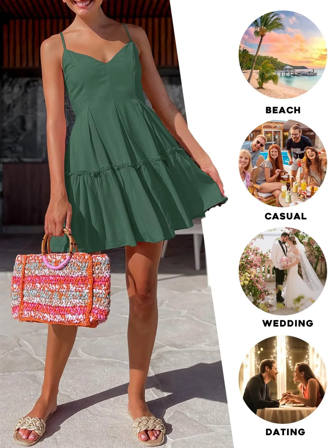 FANCYINN Women's Summer V Neck Casual Swing Short Dress Spaghetti Strap Tiered Backless Dresses with Pockets