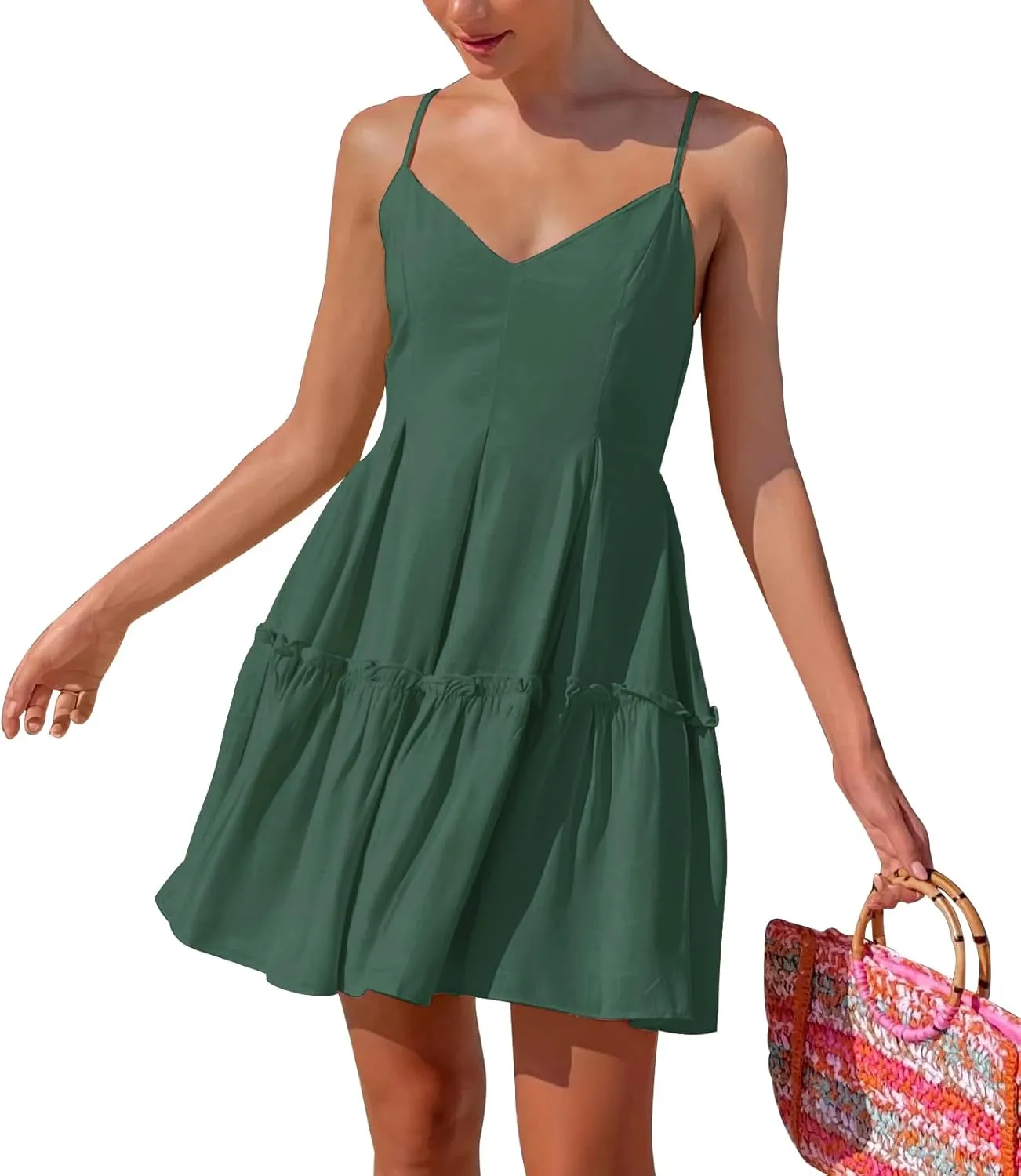 FANCYINN Women's Summer V Neck Casual Swing Short Dress Spaghetti Strap Tiered Backless Dresses with Pockets