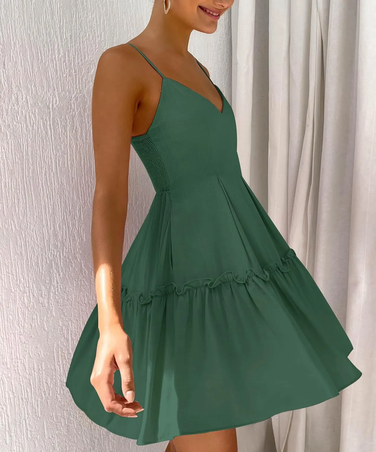 FANCYINN Women's Summer V Neck Casual Swing Short Dress Spaghetti Strap Tiered Backless Dresses with Pockets