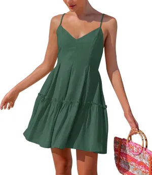 FANCYINN Women's Summer V Neck Casual Swing Short Dress Spaghetti Strap Tiered Backless Dresses with Pockets