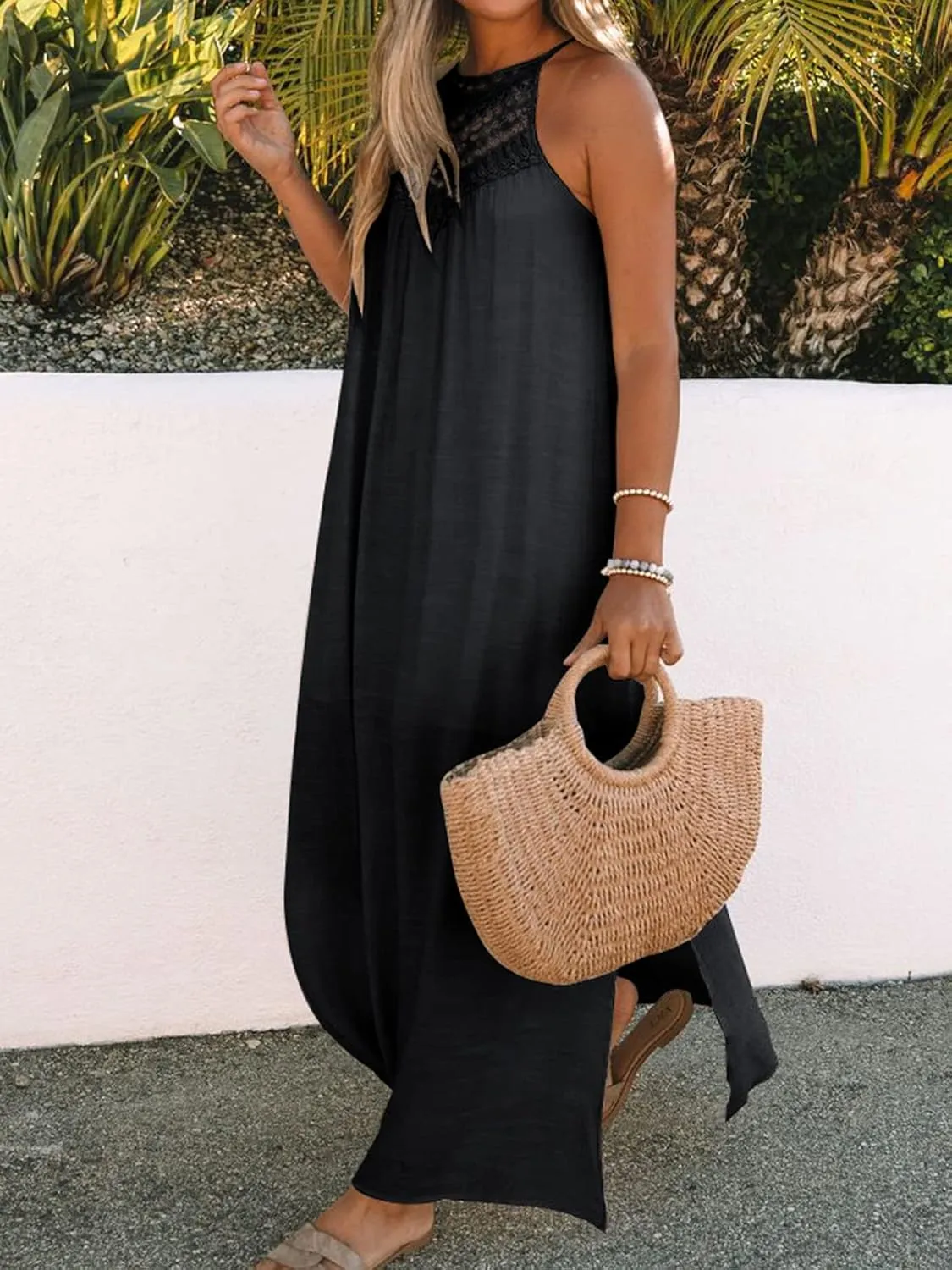 FARORO Sleeveless Long Dress for Women Boho Halter Maxi Sundress Casual Loose Dresses Split Cover Up Gown with Pockets