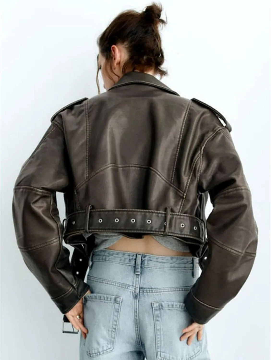 Faux leather jacket womens motorcycle Coat Lapel Casual Zip Up Cropped jacket Moto Biker Outwear with Belt(Army green,Large)