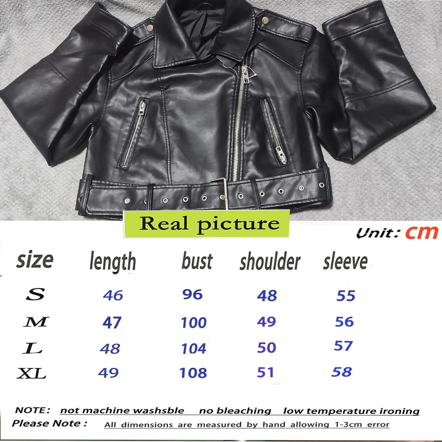 Faux leather jacket womens motorcycle Coat Lapel Casual Zip Up Cropped jacket Moto Biker Outwear with Belt(Army green,Large)