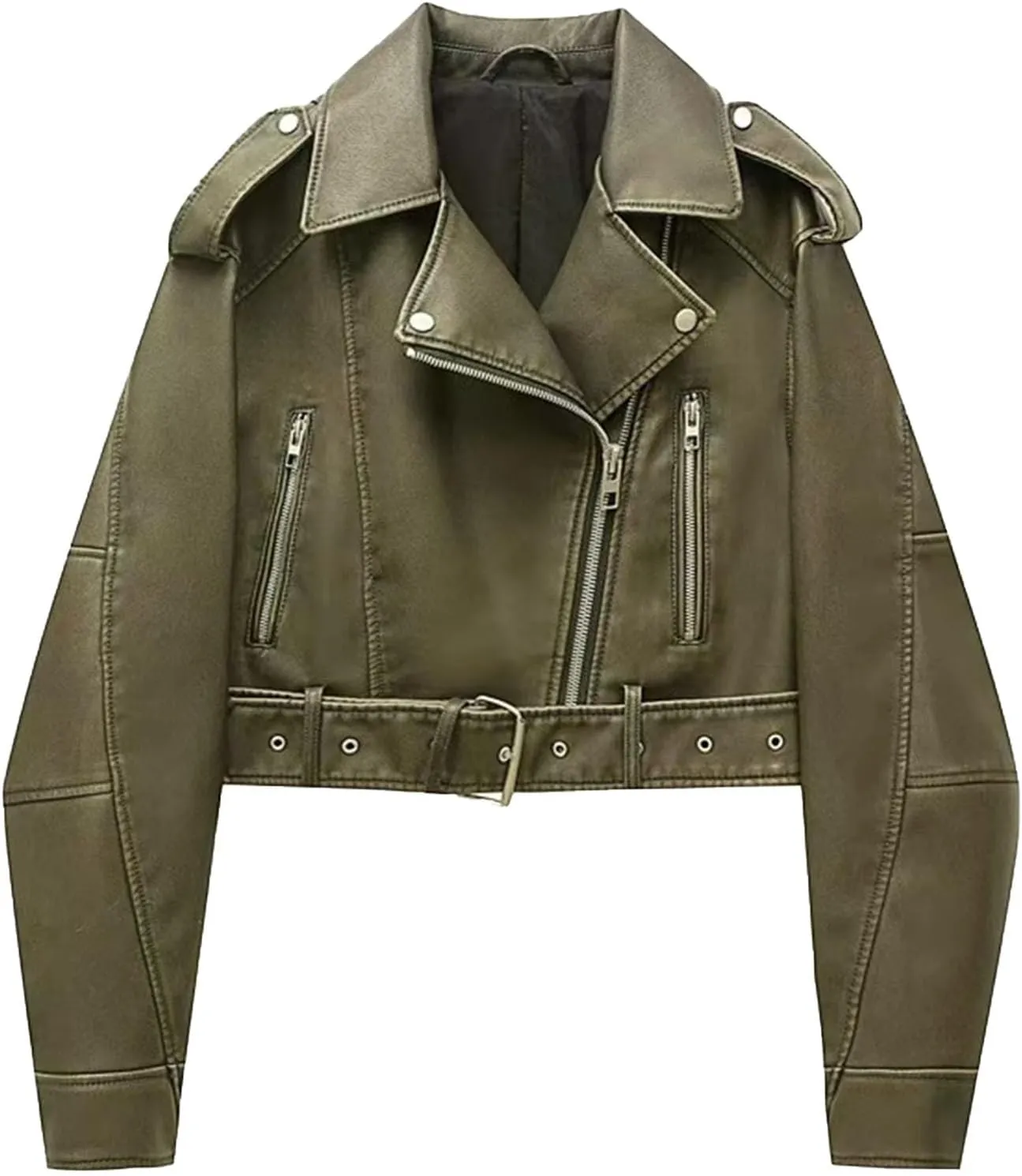 Faux leather jacket womens motorcycle Coat Lapel Casual Zip Up Cropped jacket Moto Biker Outwear with Belt(Army green,Large)