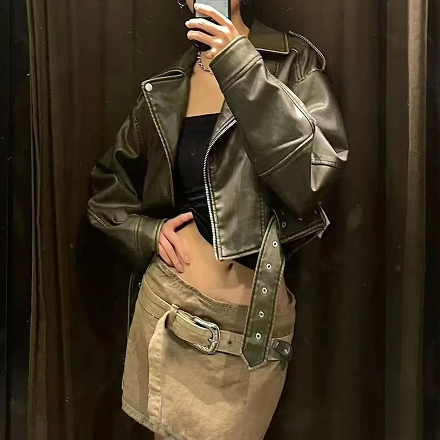 Faux leather jacket womens motorcycle Coat Lapel Casual Zip Up Cropped jacket Moto Biker Outwear with Belt(Army green,Large)