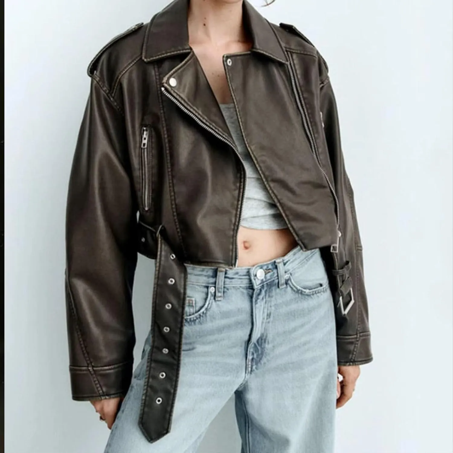 Faux leather jacket womens motorcycle Coat Lapel Casual Zip Up Cropped jacket Moto Biker Outwear with Belt(Army green,Large)