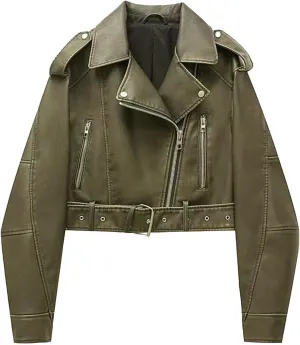 Faux leather jacket womens motorcycle Coat Lapel Casual Zip Up Cropped jacket Moto Biker Outwear with Belt(Army green,Large)