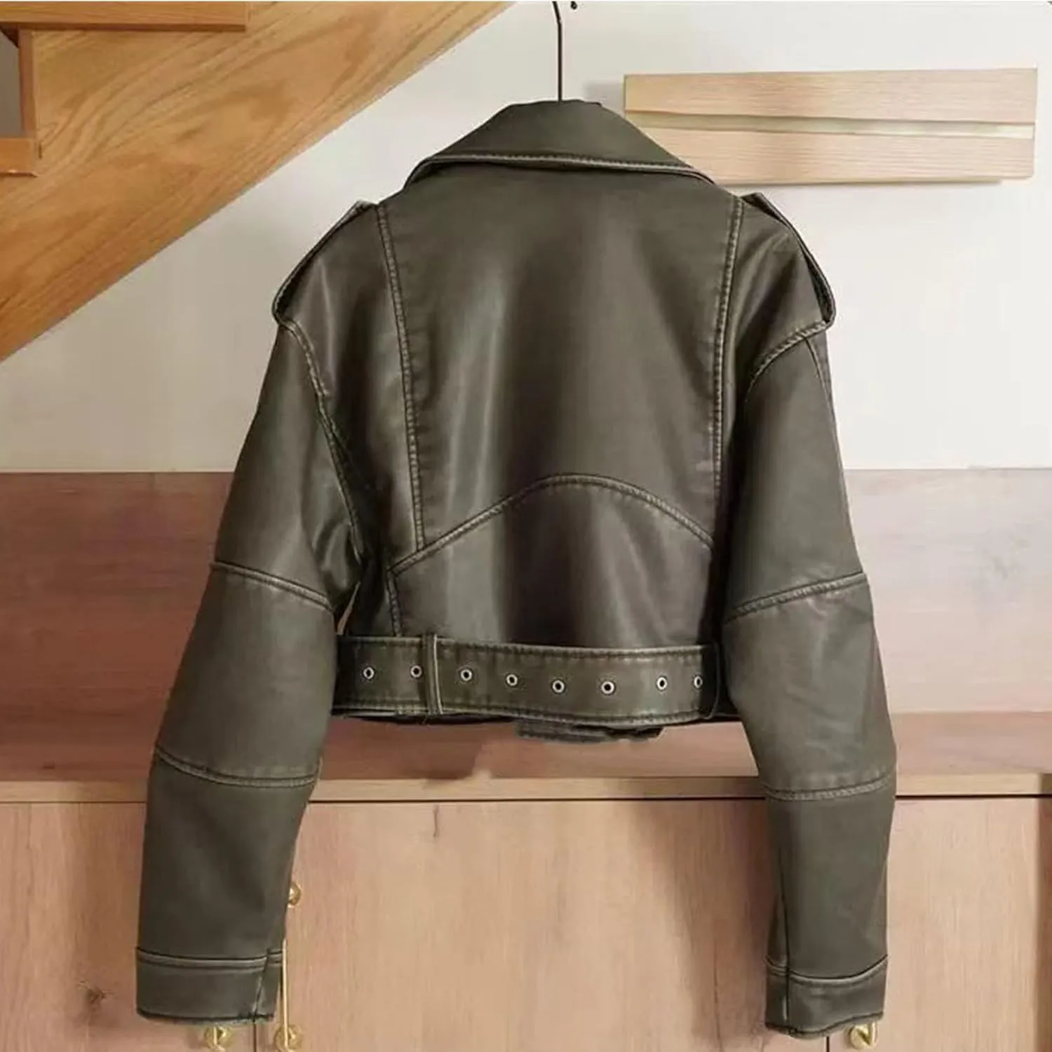 Faux leather jacket womens motorcycle Coat Lapel Casual Zip Up Cropped jacket Moto Biker Outwear with Belt(Army green,Large)