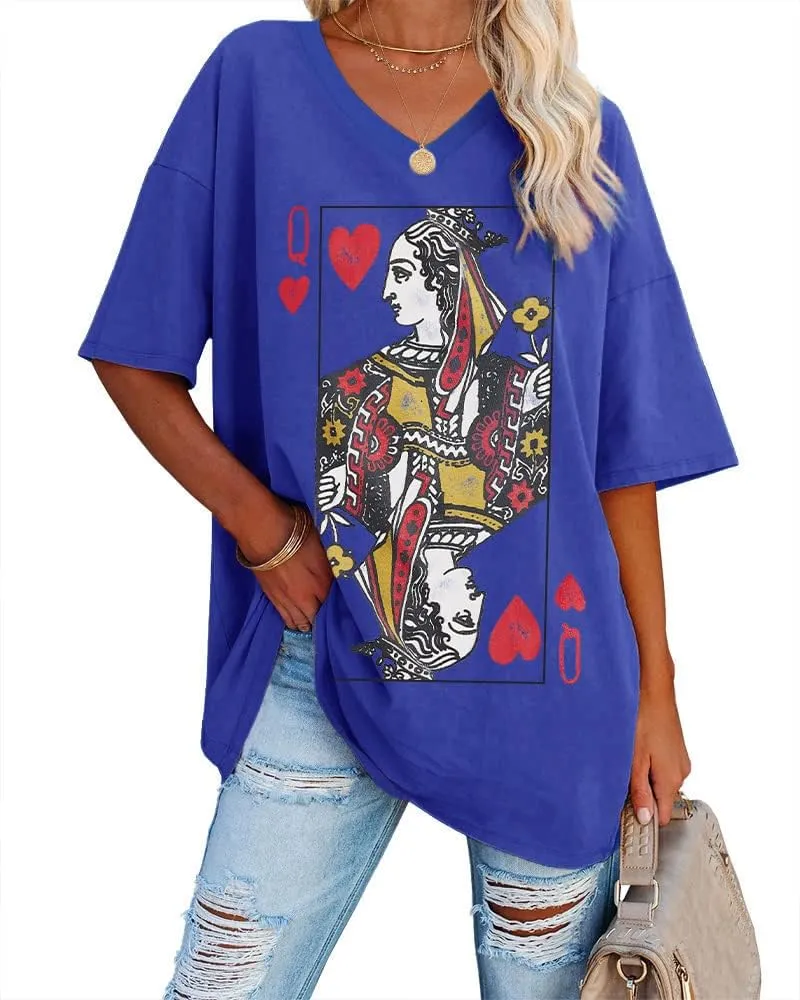 Fazortev Womens Oversized Queen Of Hearts Graphic T Shirts Casual V Neck Half Sleeve Summer Loose Tees Tunic Tops