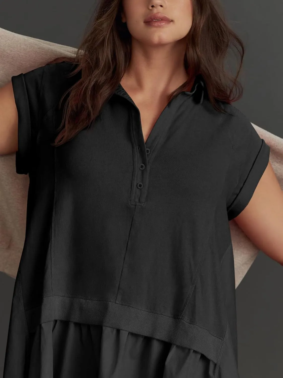 Fisoew Womens Summer Sweatshirt Dresses Short Sleeve V Neck Casual Oversized Patchwork Mini Dress