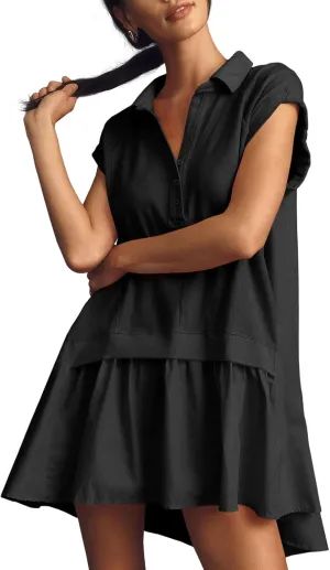 Fisoew Womens Summer Sweatshirt Dresses Short Sleeve V Neck Casual Oversized Patchwork Mini Dress