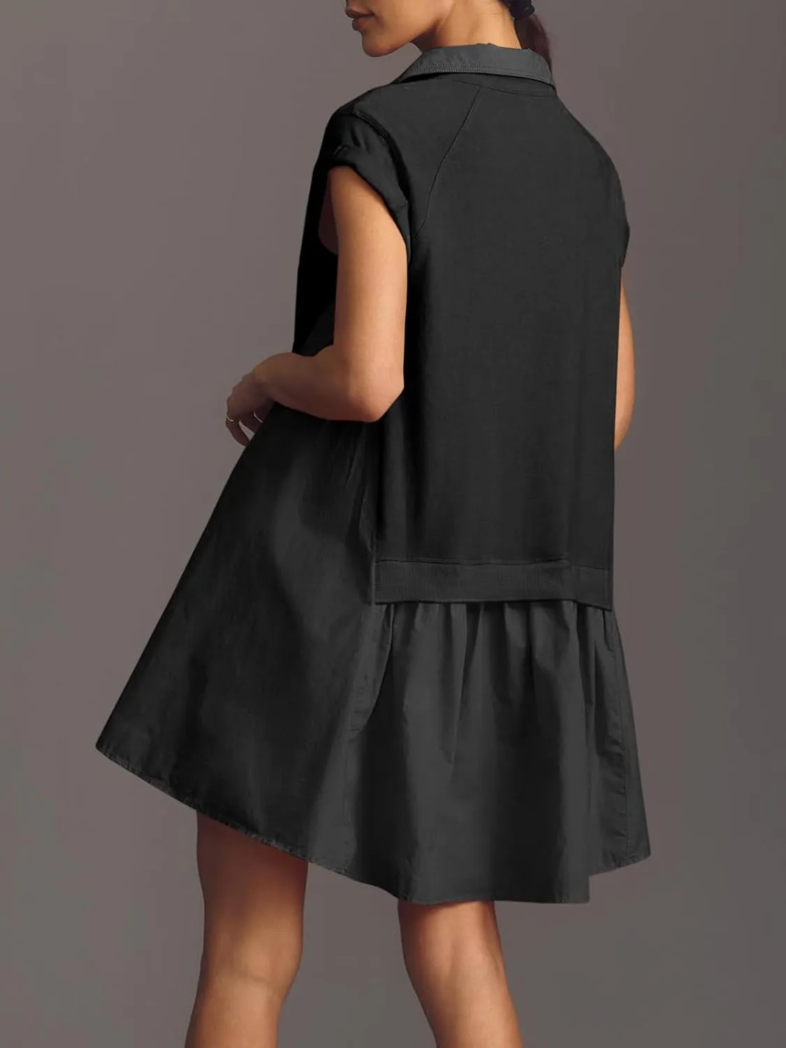 Fisoew Womens Summer Sweatshirt Dresses Short Sleeve V Neck Casual Oversized Patchwork Mini Dress