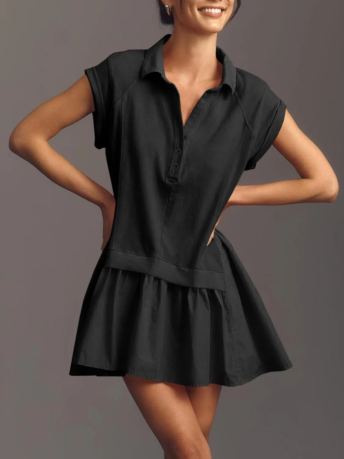 Fisoew Womens Summer Sweatshirt Dresses Short Sleeve V Neck Casual Oversized Patchwork Mini Dress