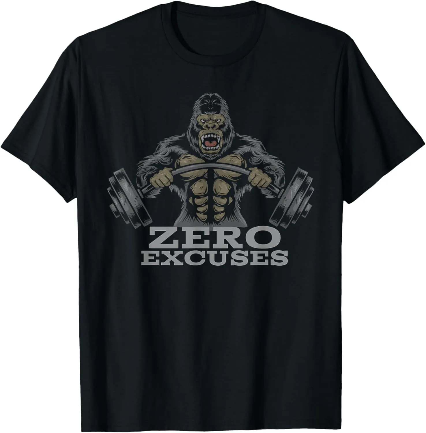Fitness Weightlifting Gorilla No Excuses Unisex Adult Black T-Shirt