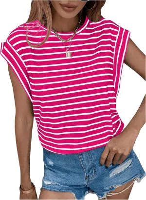 Floerns Women's Casual Stripe Print Cap Sleeve T Shirts Round Neck Tee