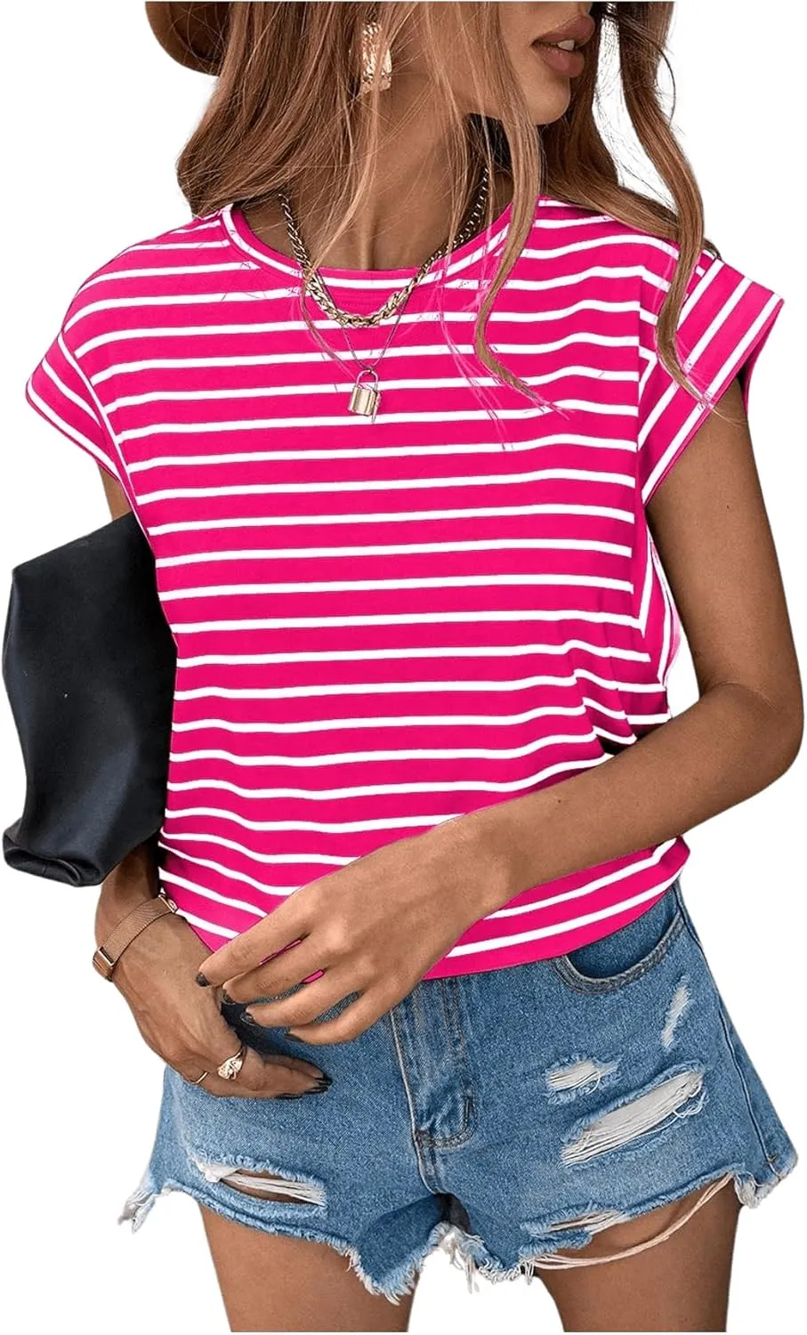 Floerns Women's Casual Stripe Print Cap Sleeve T Shirts Round Neck Tee