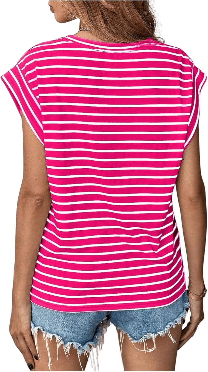 Floerns Women's Casual Stripe Print Cap Sleeve T Shirts Round Neck Tee