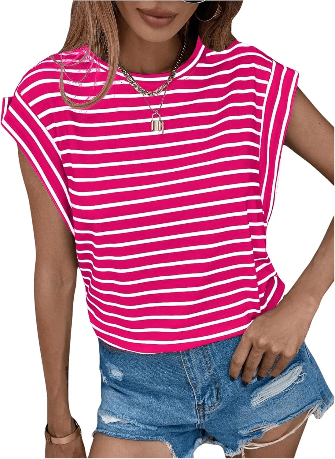 Floerns Women's Casual Stripe Print Cap Sleeve T Shirts Round Neck Tee