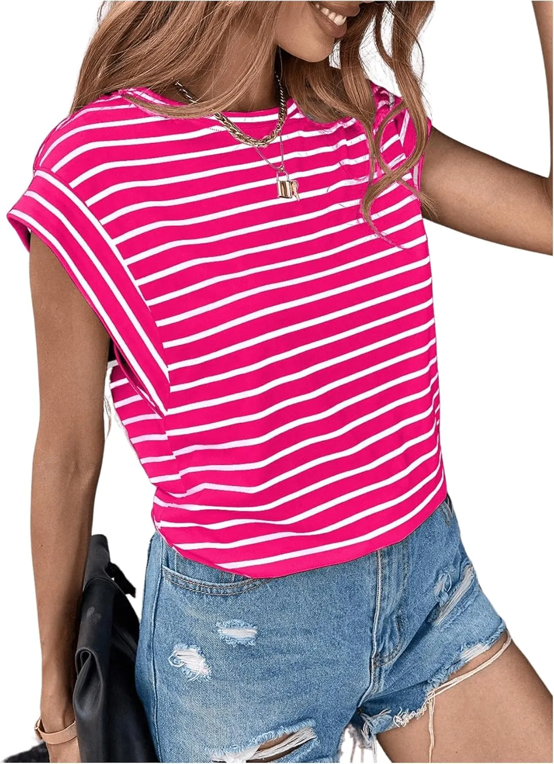 Floerns Women's Casual Stripe Print Cap Sleeve T Shirts Round Neck Tee