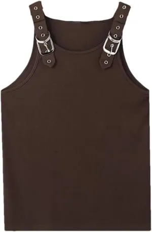 Fnfmrfmr Men Metal Buckle Mesh Vests Solid Casual Off Shoulder Sleeveless Ribbed Tank Tops
