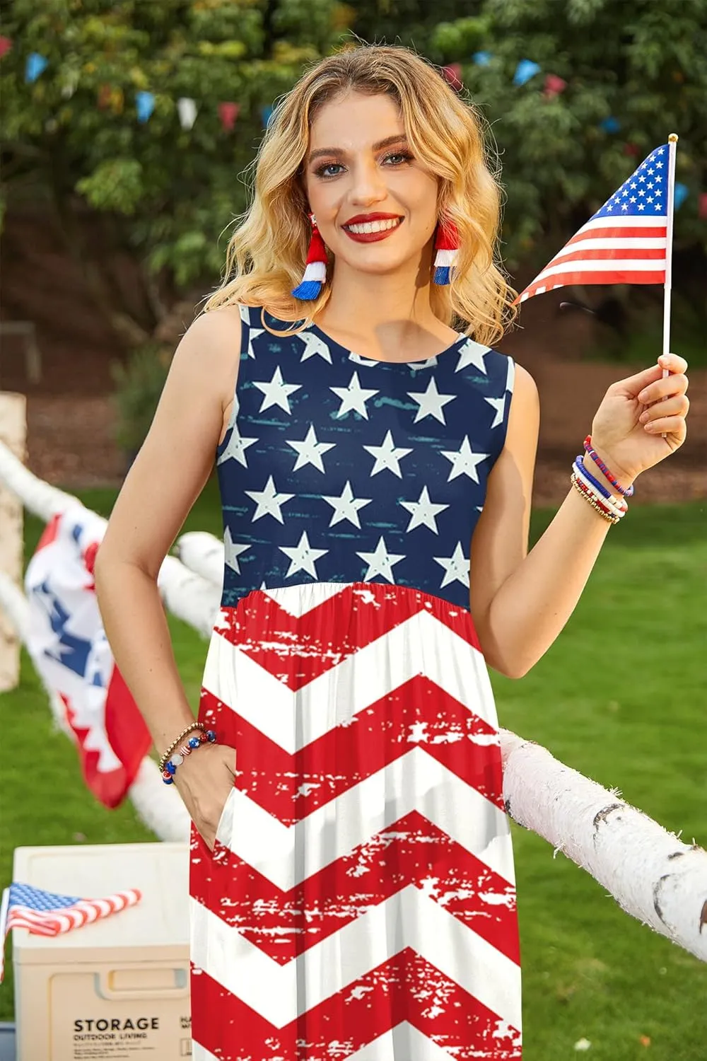 For G and PL Womens 4th of July American Flag Sleeveless Maxi Dress Patriotic Long Tank Sundress with Pockets