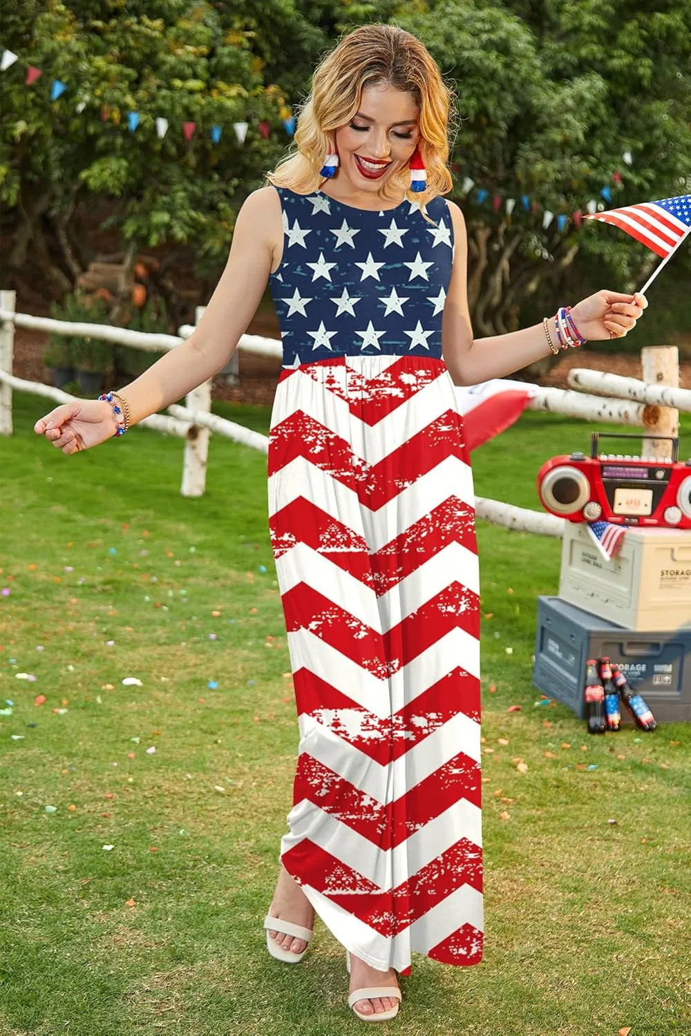 For G and PL Womens 4th of July American Flag Sleeveless Maxi Dress Patriotic Long Tank Sundress with Pockets