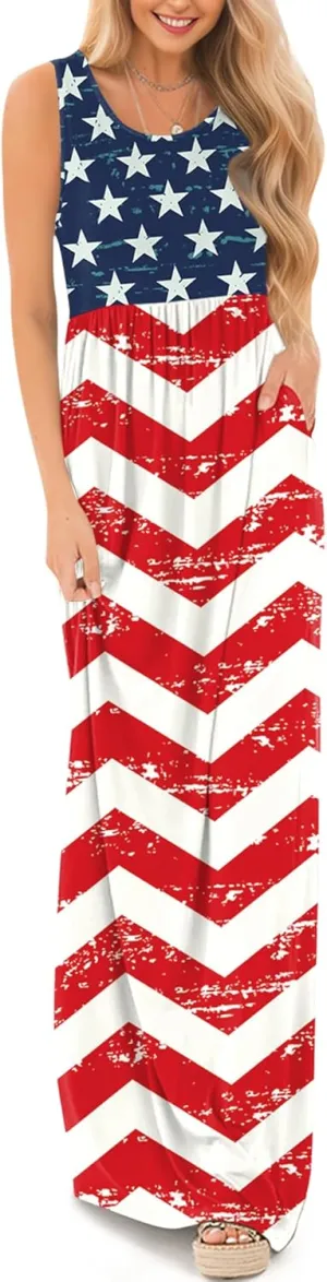 For G and PL Womens 4th of July American Flag Sleeveless Maxi Dress Patriotic Long Tank Sundress with Pockets