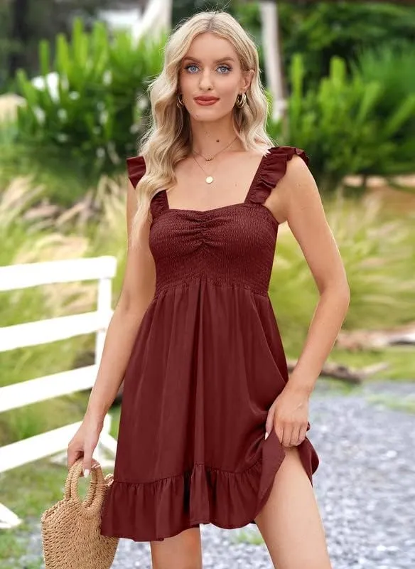 For G and PL Womens Casual Summer Babydoll Smocked Sleeveless Beach Mini Sundresses