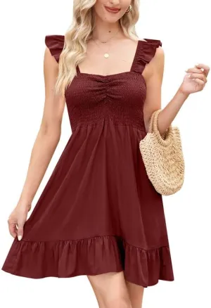 For G and PL Womens Casual Summer Babydoll Smocked Sleeveless Beach Mini Sundresses