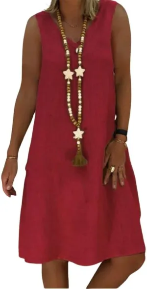 Fronage Women's Casual Summer Cotton Linen Dress V Neck Sleeveless Shift Midi Dresses Vintage Beach Sundress