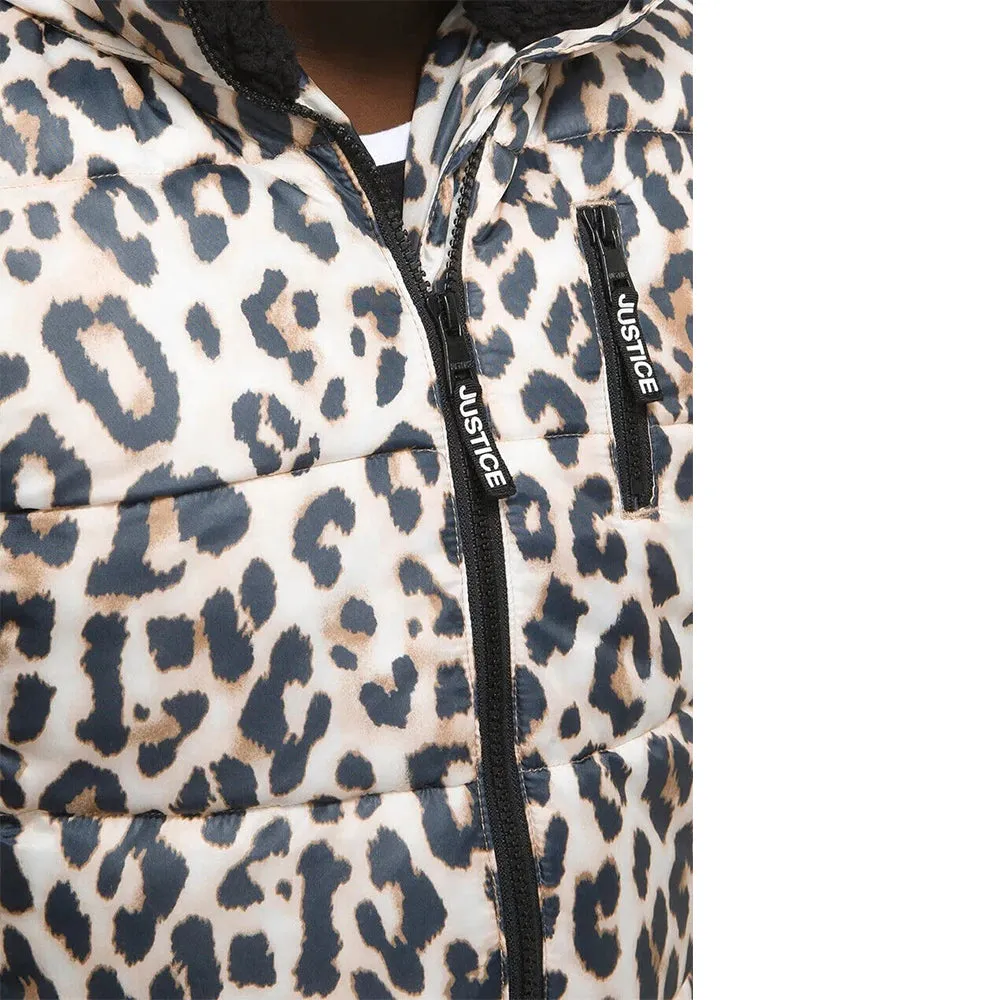 GA Fur Neck Sherpa Inside Warm Leopard Puffer Jacket 12003