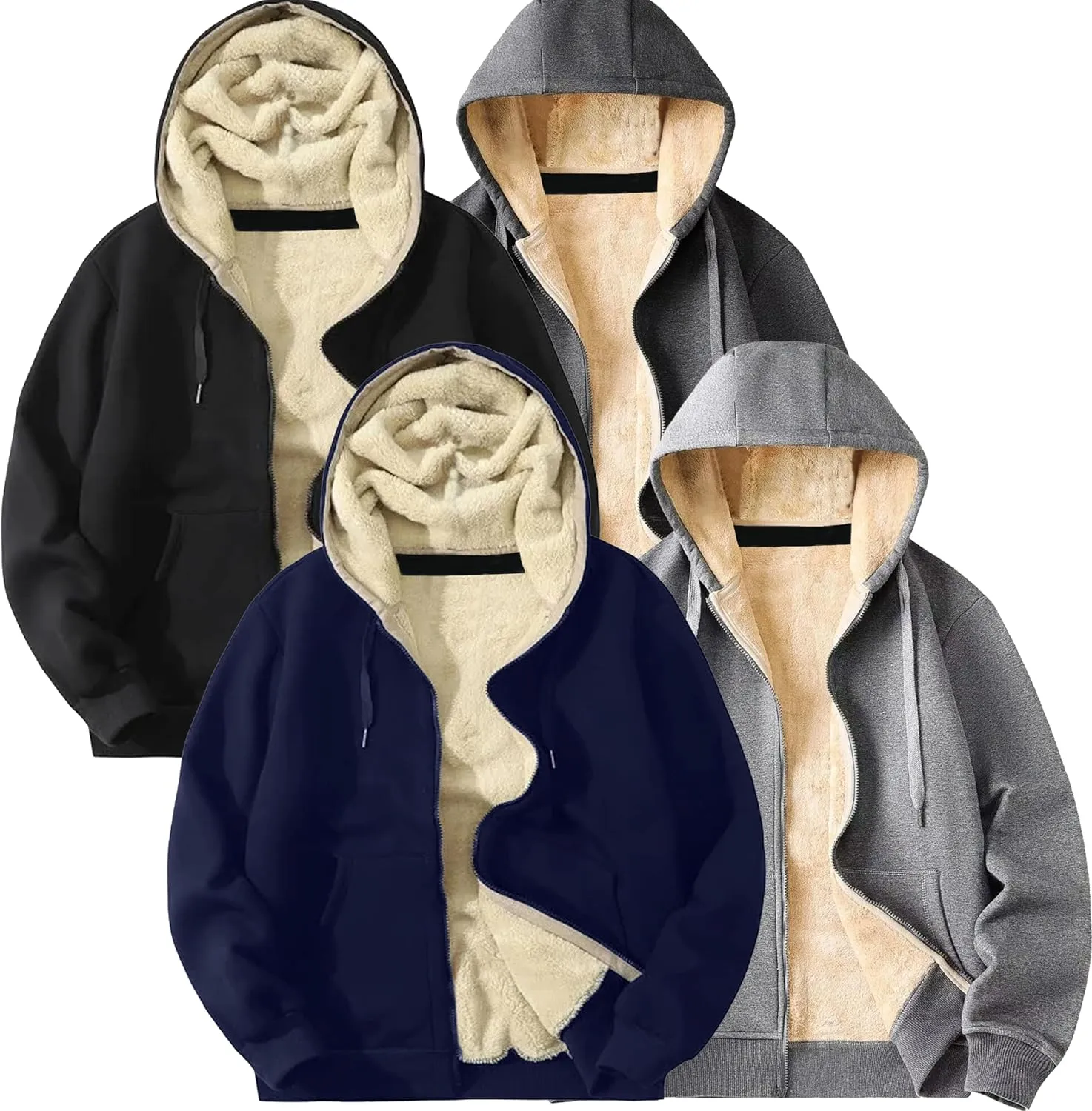 Galaxy by Harvic 3-Pack Men's Heavyweight Sherpa Hoodie - Ultra-Warm Full-Zip Jacket with Cozy Fleece Lining