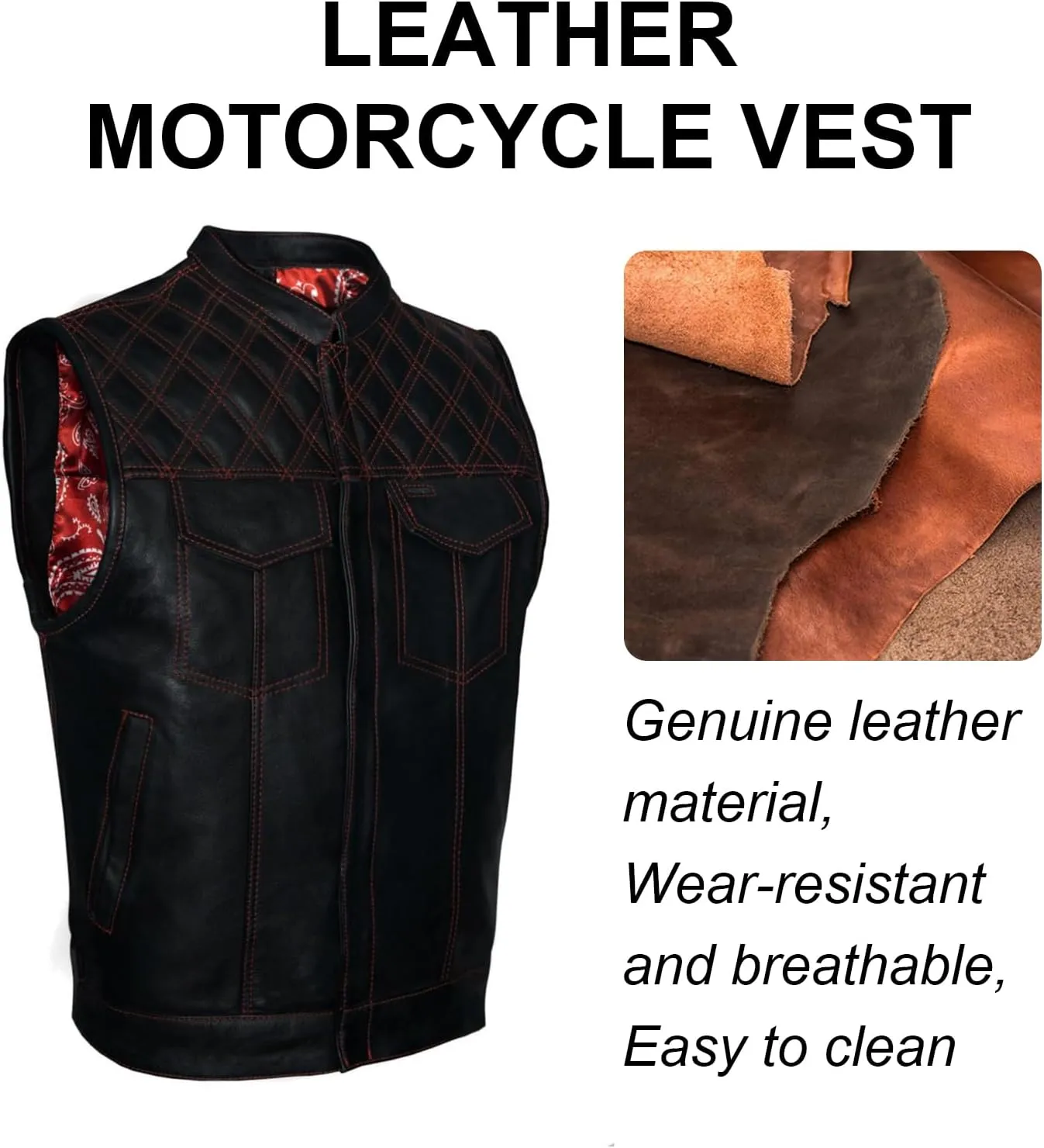 GARGOYLE BELLS Men's Leather Motorcycle Vest with Gun Pockets SOA Biker Club Vest with Liner &Snap/Zipper For Riding