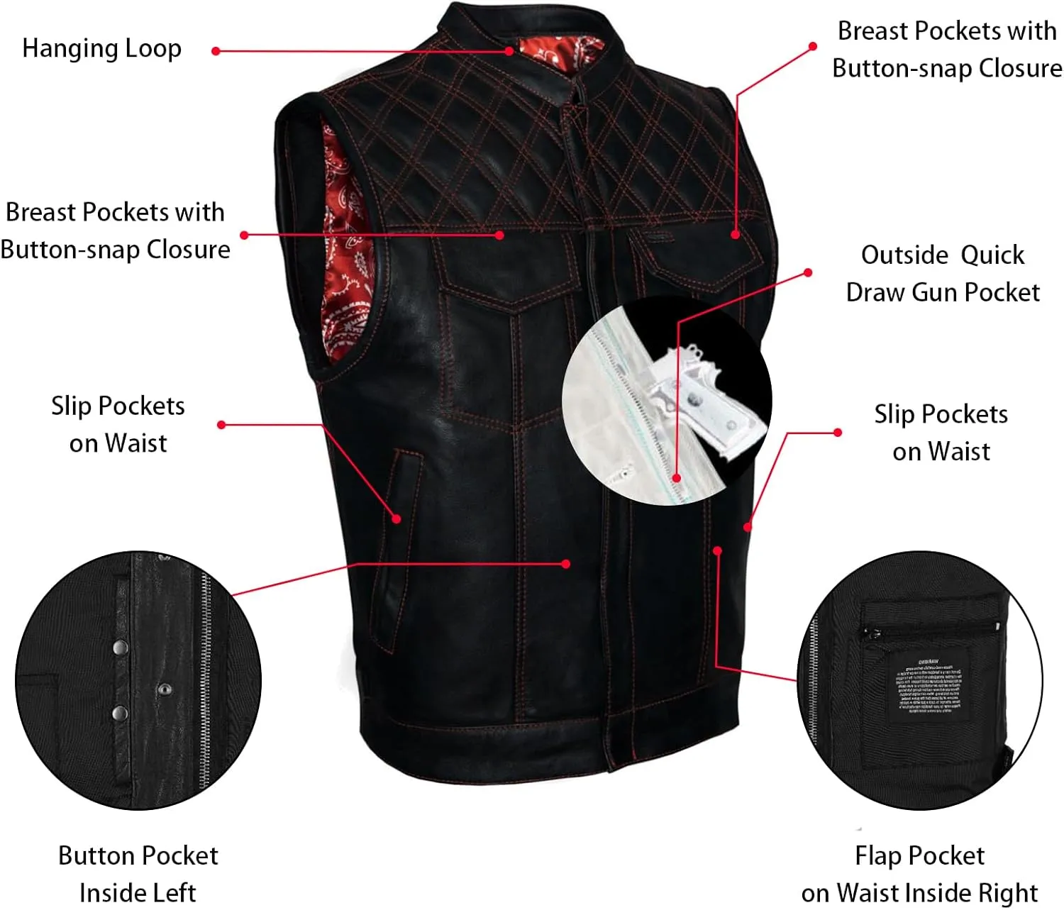 GARGOYLE BELLS Men's Leather Motorcycle Vest with Gun Pockets SOA Biker Club Vest with Liner &Snap/Zipper For Riding
