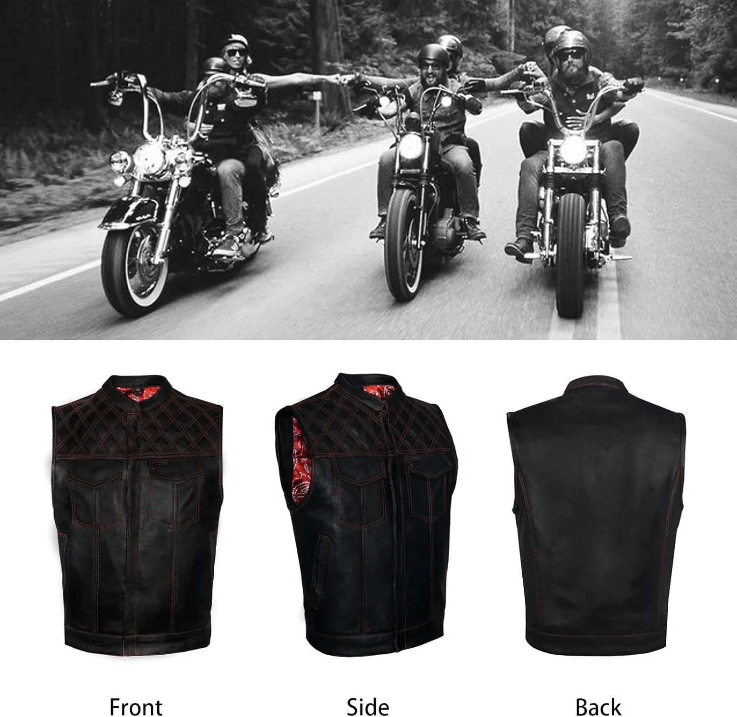 GARGOYLE BELLS Men's Leather Motorcycle Vest with Gun Pockets SOA Biker Club Vest with Liner &Snap/Zipper For Riding
