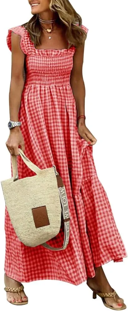 Geleglaer Womens Plaid Square Neck Maxi Dress Summer Sleeveless Ruffle Smocked Dress Beach Vacation Dresses Sundresses