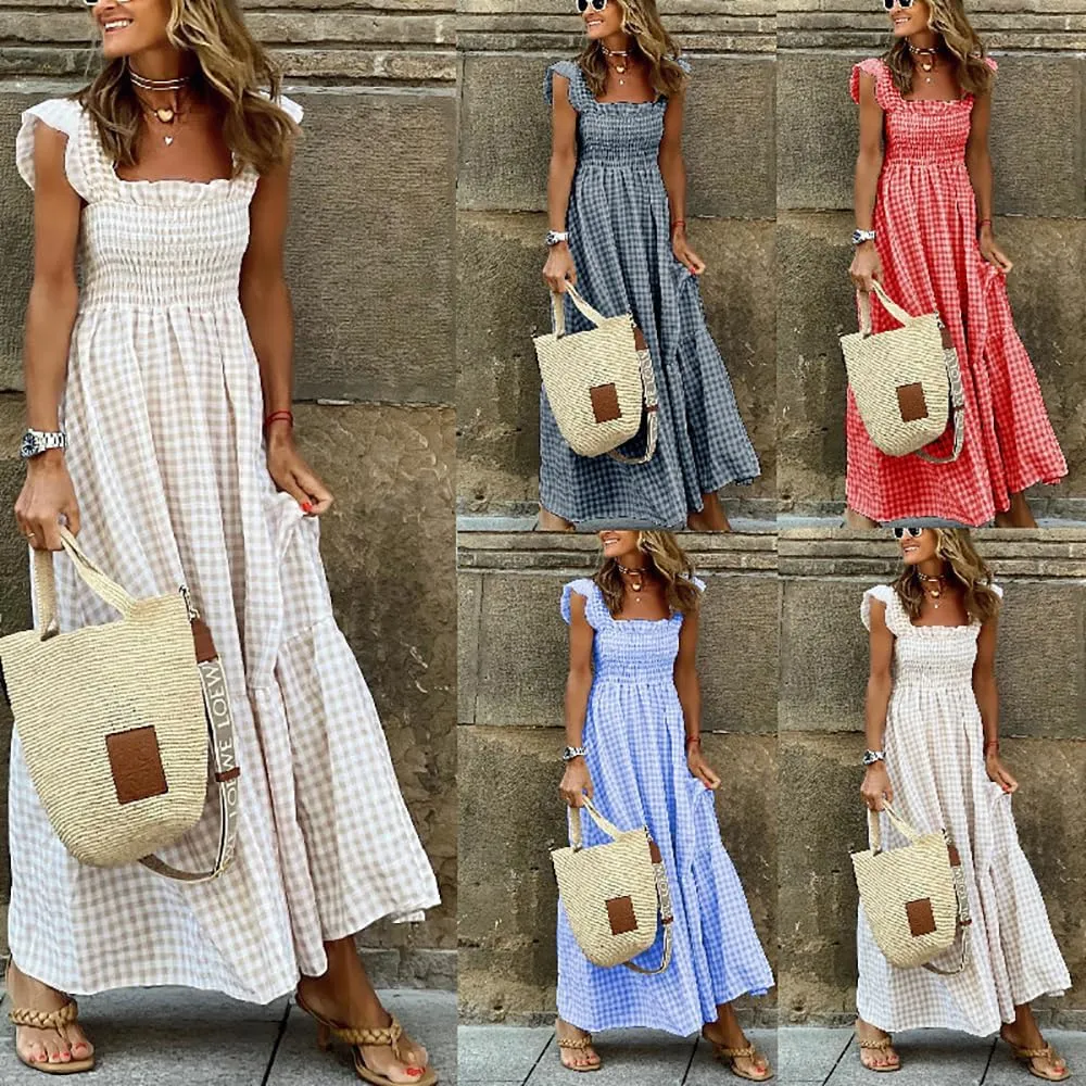 Geleglaer Womens Plaid Square Neck Maxi Dress Summer Sleeveless Ruffle Smocked Dress Beach Vacation Dresses Sundresses