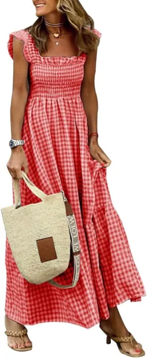 Geleglaer Womens Plaid Square Neck Maxi Dress Summer Sleeveless Ruffle Smocked Dress Beach Vacation Dresses Sundresses