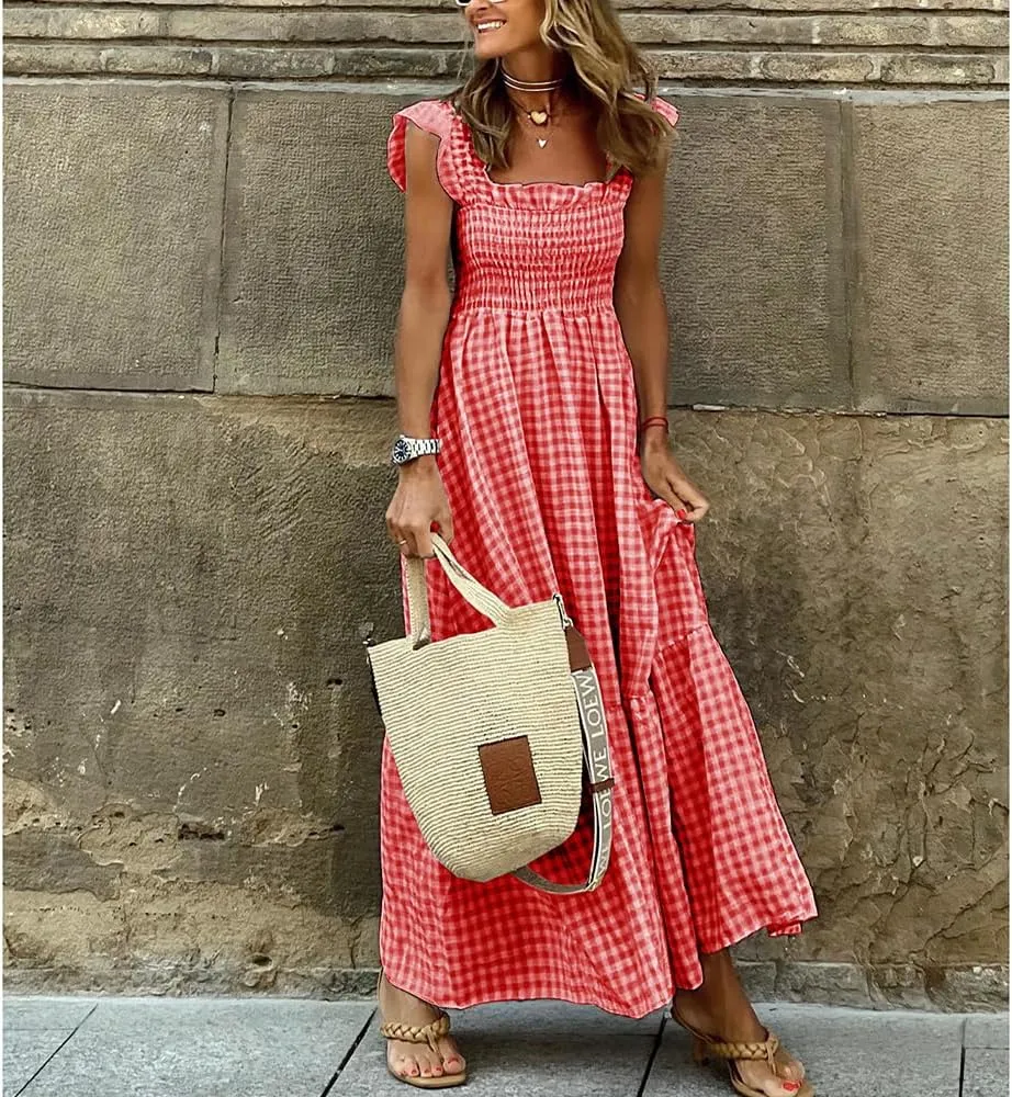 Geleglaer Womens Plaid Square Neck Maxi Dress Summer Sleeveless Ruffle Smocked Dress Beach Vacation Dresses Sundresses