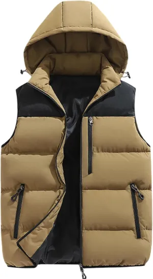 Gihuo Mens Winter Puffer Vest Color Block Hooded Sleeveless Quilted Jacket Zip Up Padded Coats Outerwear
